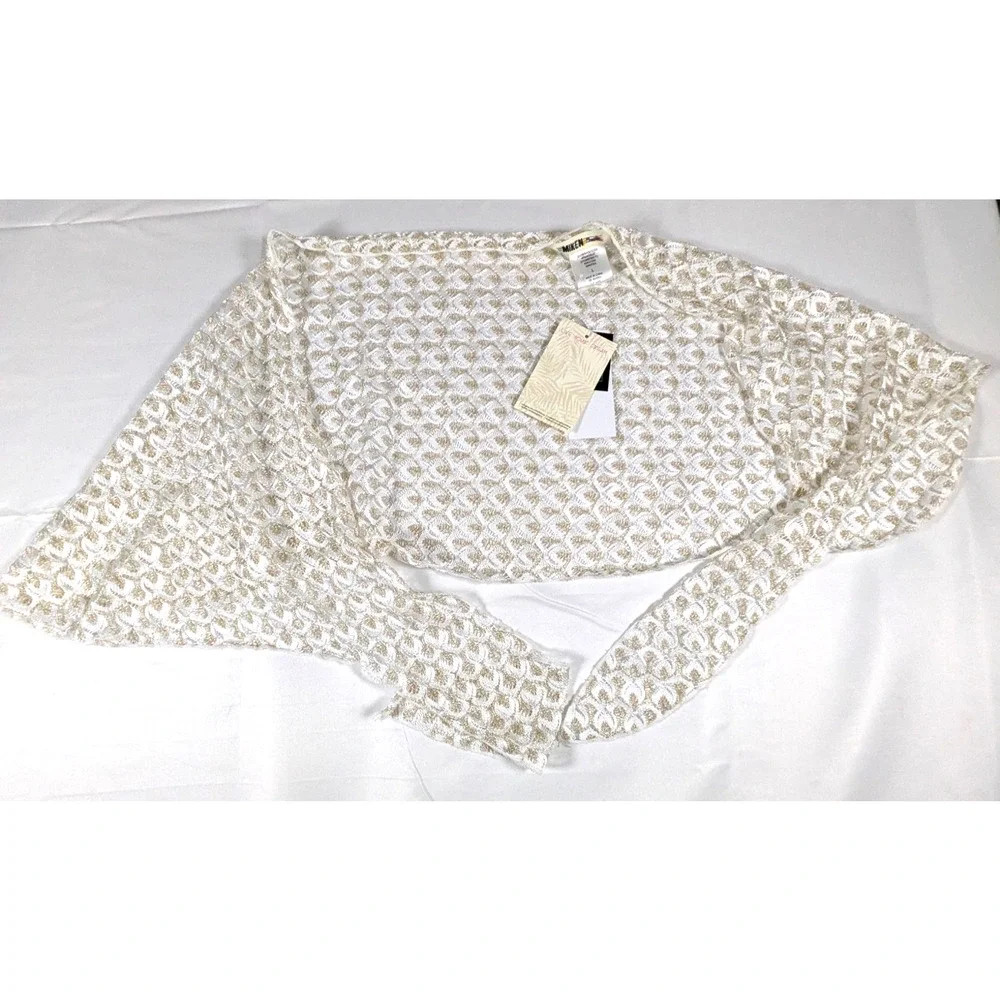 Miken Swim Sarong Wrap Skirt Large NWT Gold White Metallic Crochet Beach CoverUp